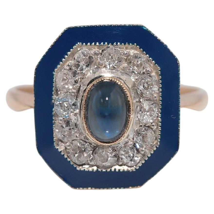 Vintage Circa 1960s 18k Gold Natural Diamond And Sapphire Decorated Enamel Ring