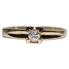Vintage Circa 1960s 18k Gold Natural Diamond Decorated Solitaire Ring