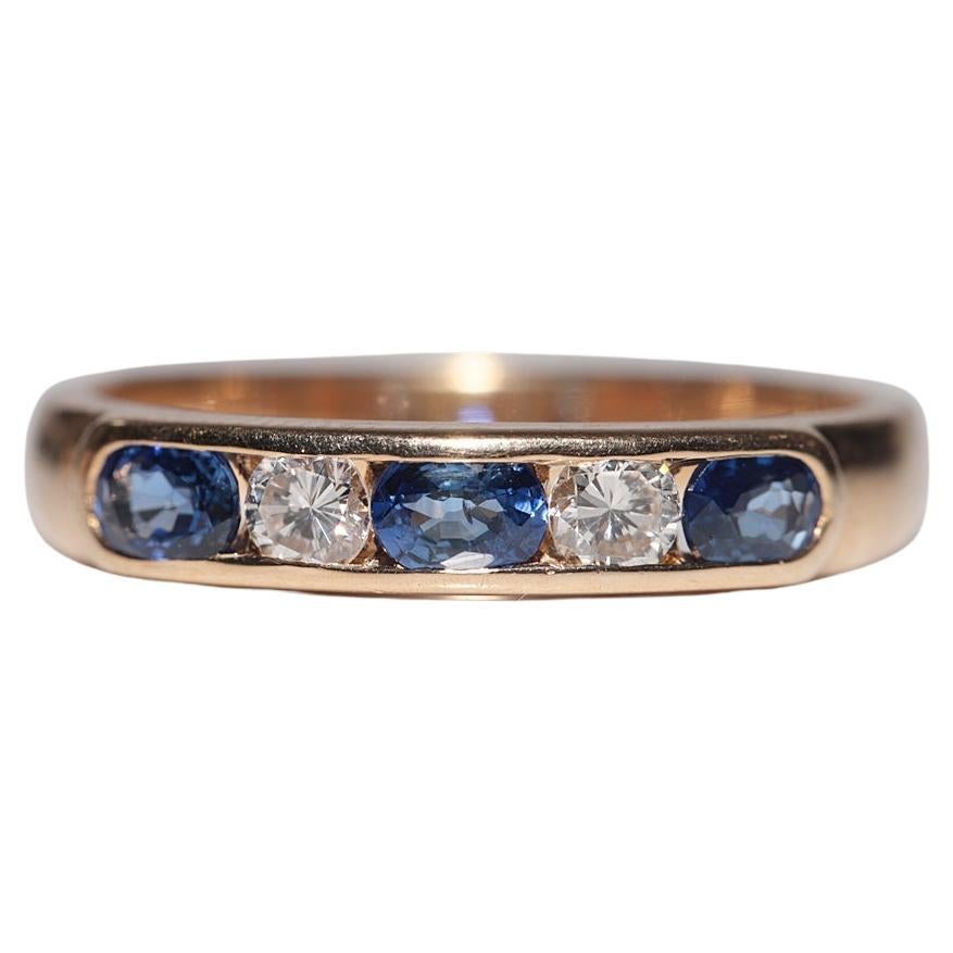 Anello a fascia con diamante naturale e zaffiro in oro 18 carati, vintage, circa 1960