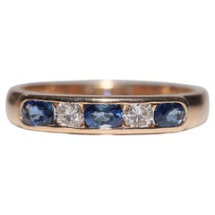 Anello a fascia con diamante naturale e zaffiro in oro 18 carati, vintage, circa 1960