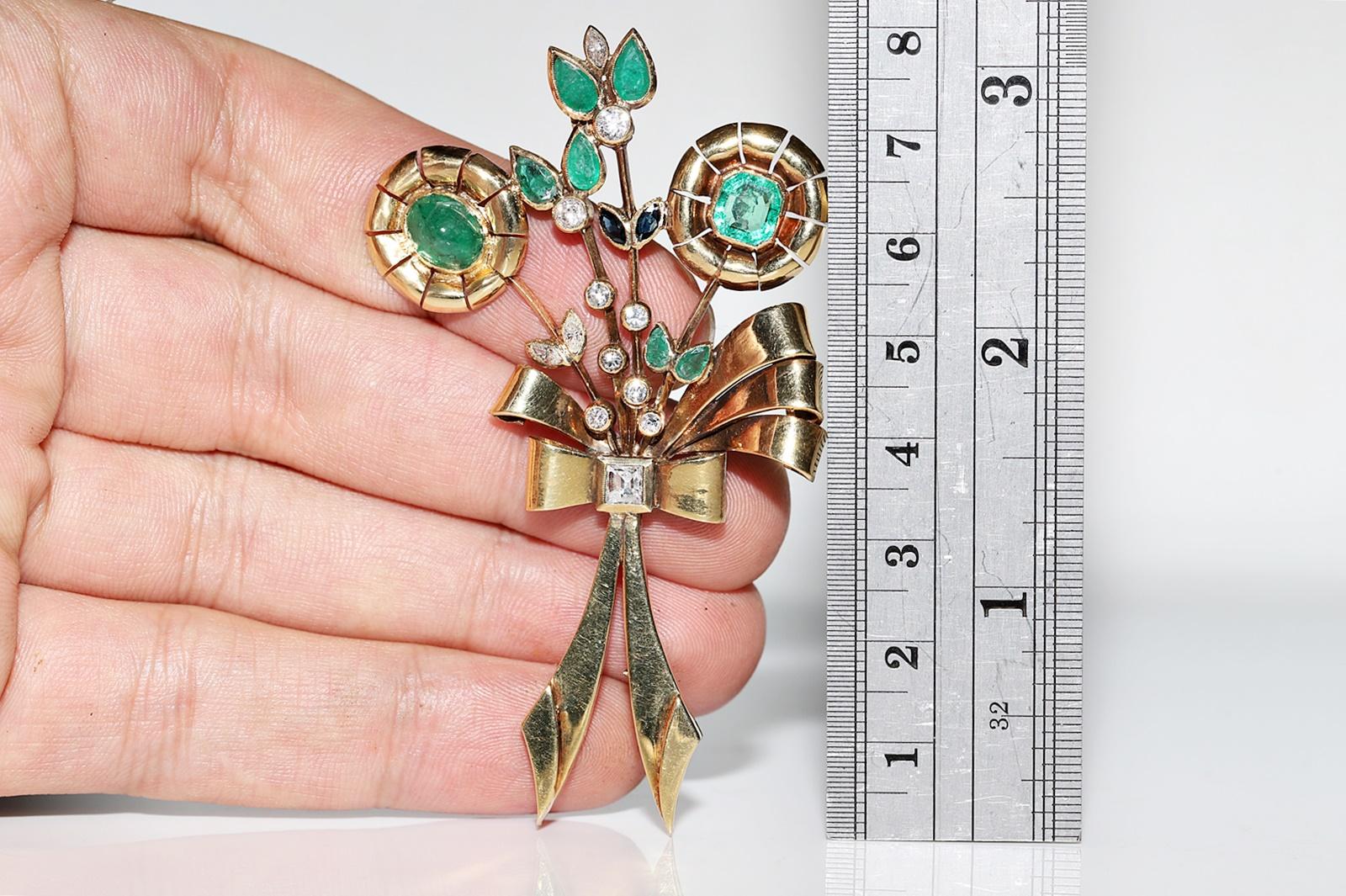 In very good condition.
Total weight 20.2 grams.
Total weight is diamond about 0.95 ct.
The diamond is has H color and s1-s2-s3-Pique1 clarity.
Totally is emerald about 6 ct.
Totally is sapphire about 0.35 ct.
Acid tested to be 18k real gold.
Please