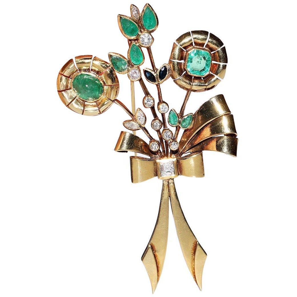 Spilla in oro naturale con diamanti, smeraldi e zaffiri, vintage, circa anni
60, in oro 18k