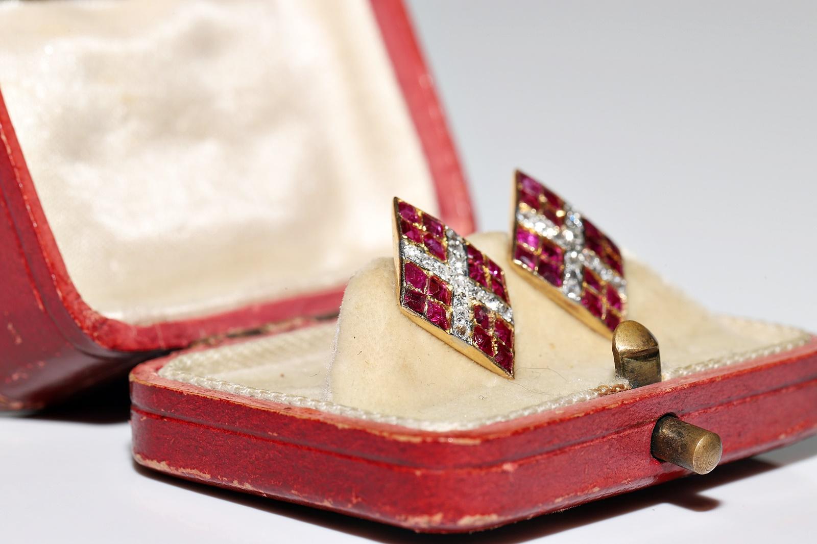 Retro Vintage Circa 1960s 18k Gold Natural Old Cut Diamond And Ruby Decorated Earring For Sale