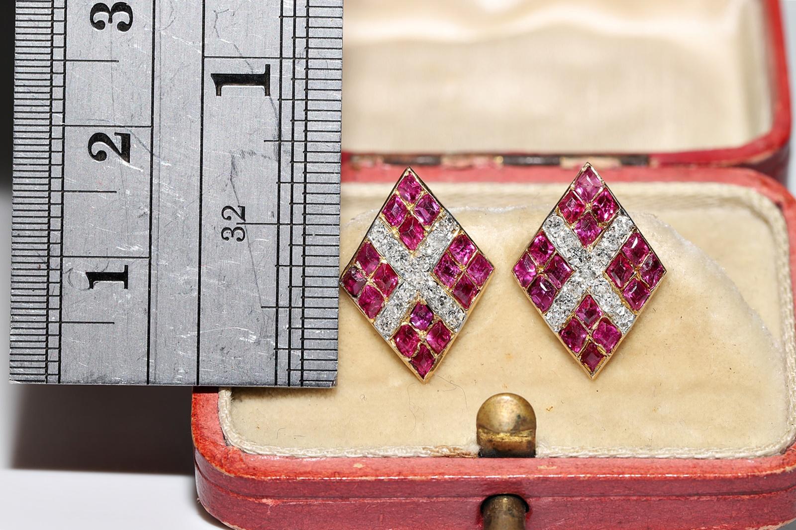 Old Mine Cut Vintage Circa 1960s 18k Gold Natural Old Cut Diamond And Ruby Decorated Earring For Sale