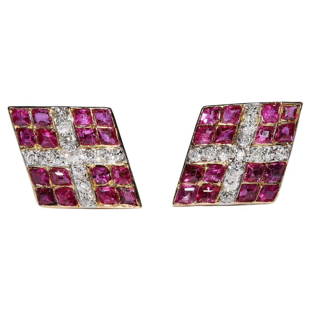Vintage Circa 1960s 18k Gold Natural Old Cut Diamond And Ruby Decorated Earring For Sale
