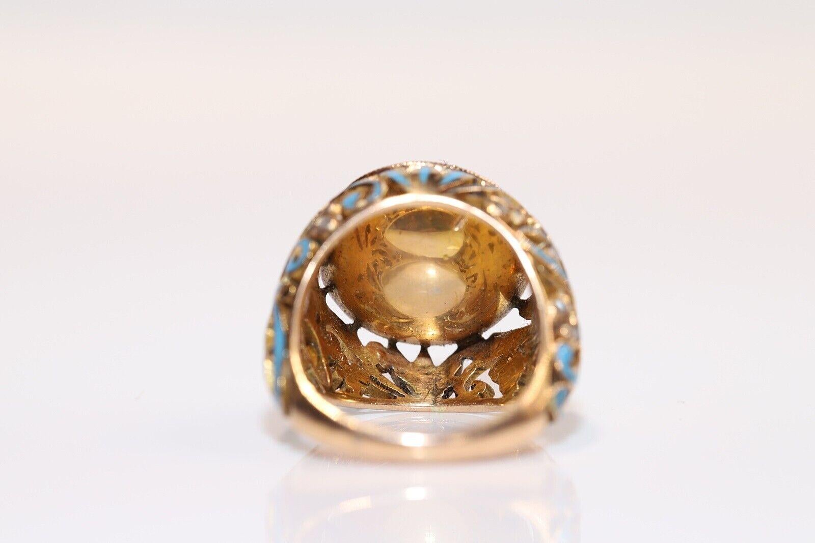 Women's or Men's Vintage Circa 1960s 18k Gold Natural Rose Cut Diamond And Enamel Strong Ring  For Sale