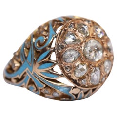 Vintage Circa 1960s 18k Gold Natural Rose Cut Diamond And Enamel Strong Ring 