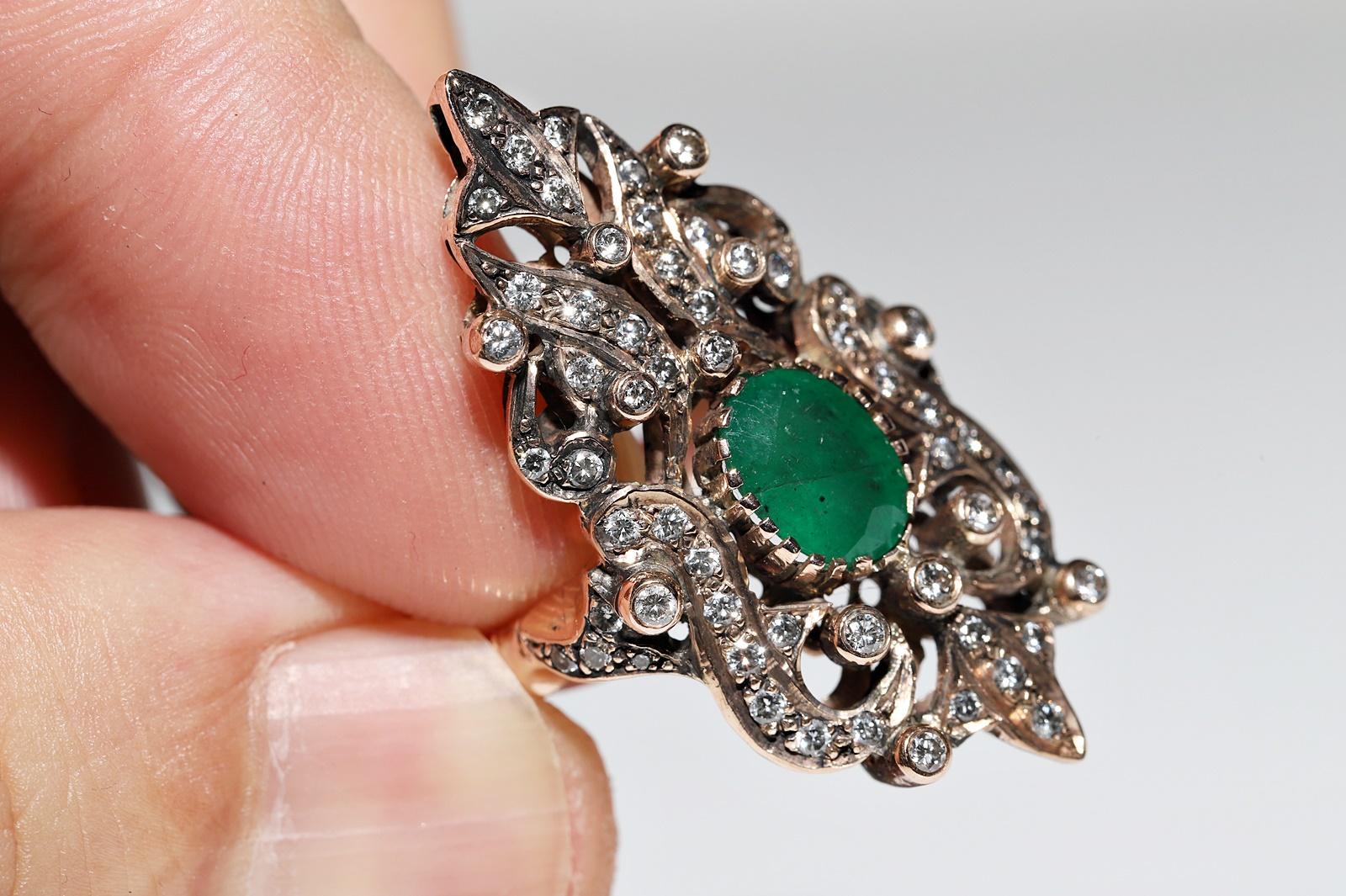 Vintage Circa 1960s 8k Gold Natural Diamond And Emerald Decorated Navette Ring  For Sale 9