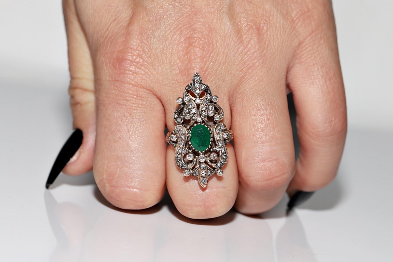 Retro Vintage Circa 1960s 8k Gold Natural Diamond And Emerald Decorated Navette Ring  For Sale