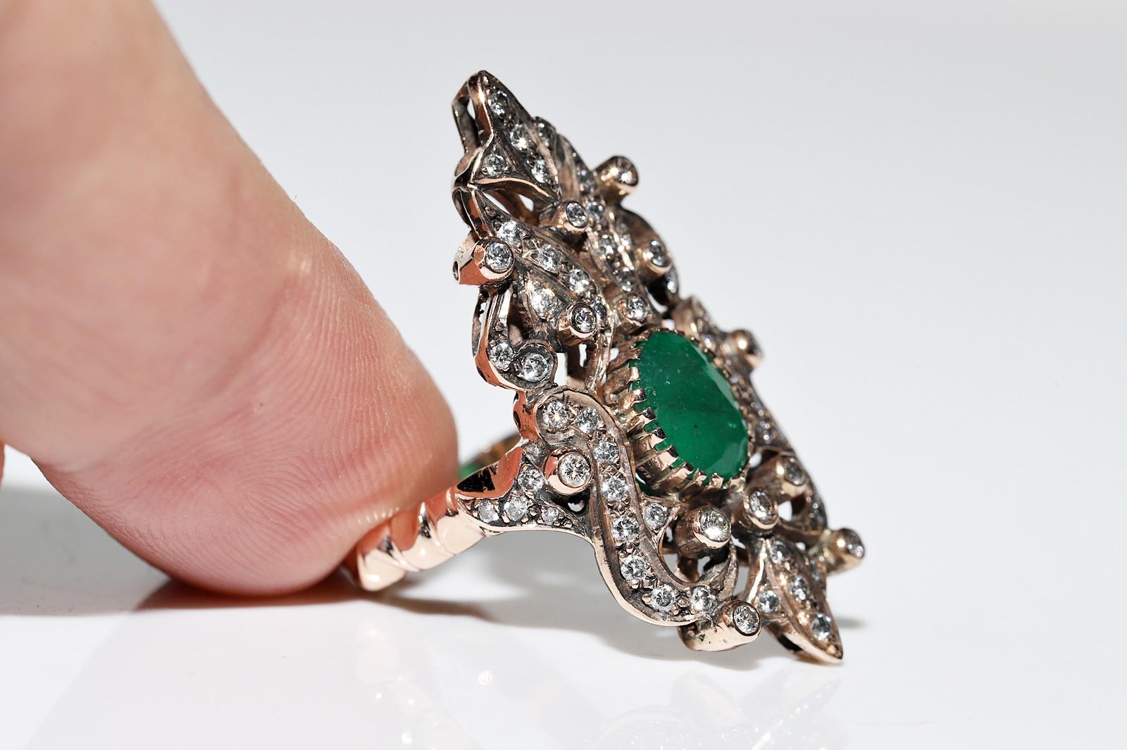 Women's Vintage Circa 1960s 8k Gold Natural Diamond And Emerald Decorated Navette Ring  For Sale
