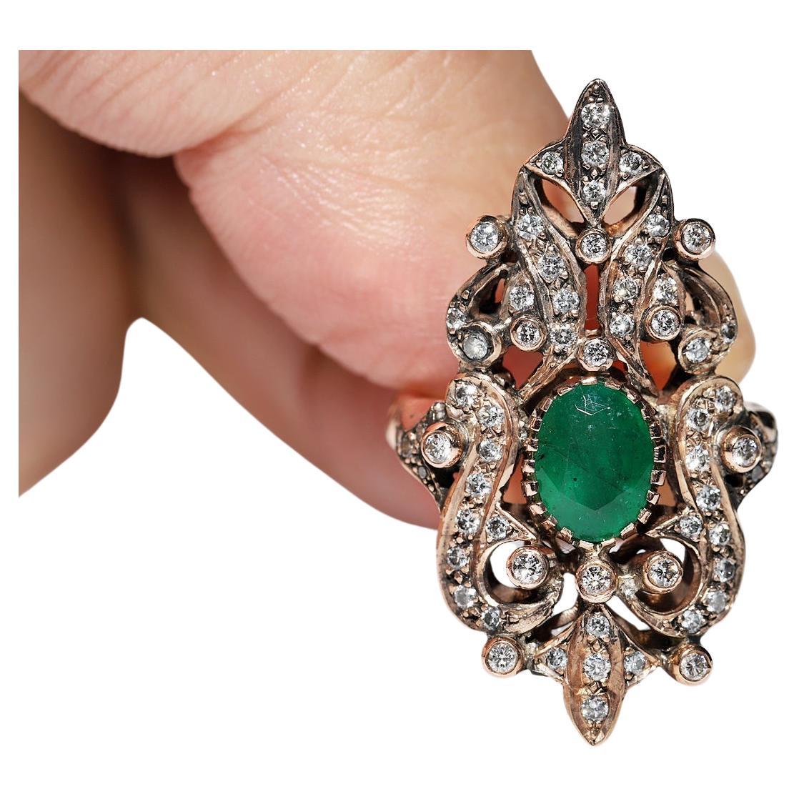 Vintage Circa 1960s 8k Gold Natural Diamond And Emerald Decorated Navette Ring 