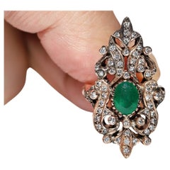 Vintage Circa 1960s 8k Gold Natural Diamond And Emerald Decorated Navette Ring 