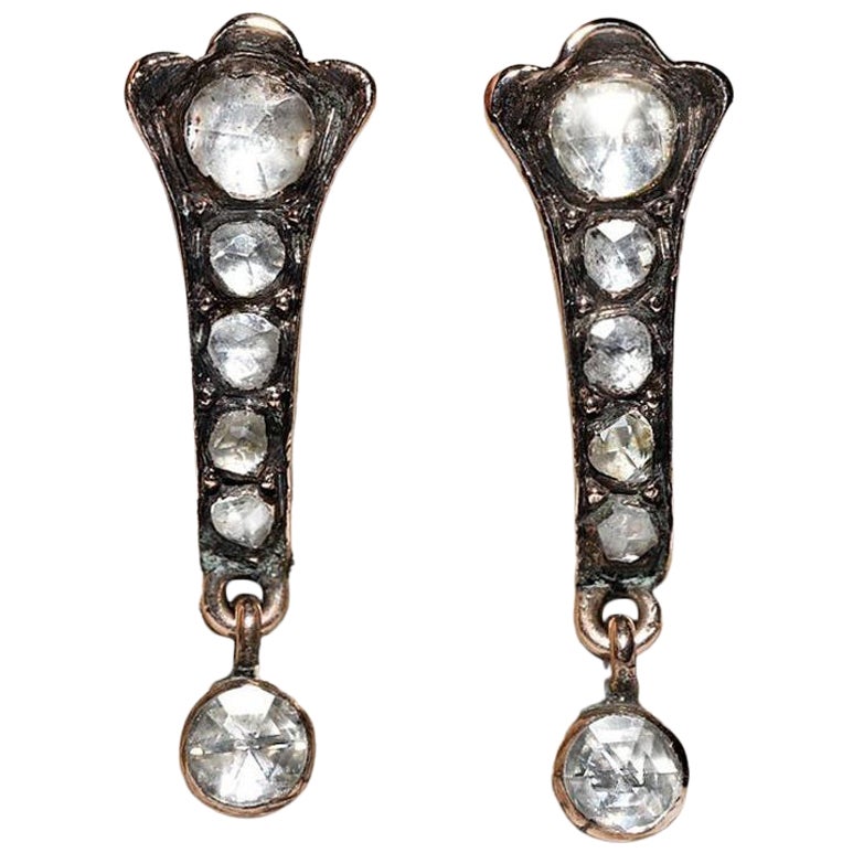 Vintage CIRCA 1960s 8k Gold Natürlicher Rosenschliff Diamant Dekorierter Tropfenohrring
