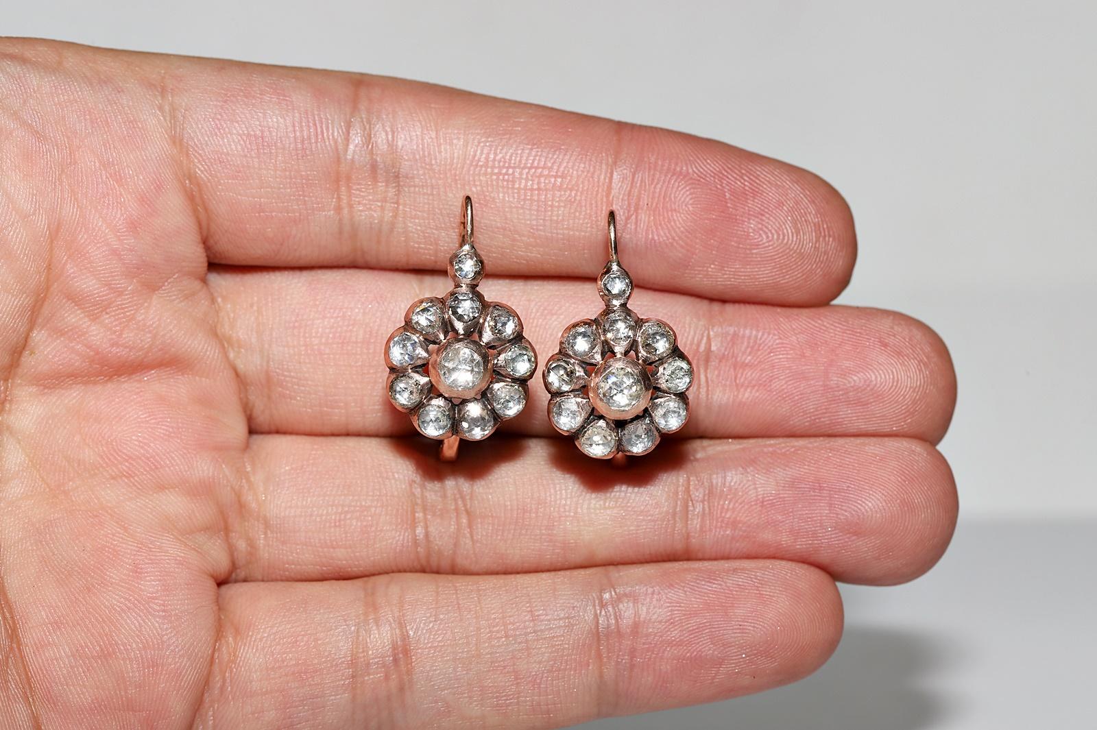 Vintage Circa 1960s 8k Gold Natural Rose Cut Diamond Decorated Earring For Sale 6