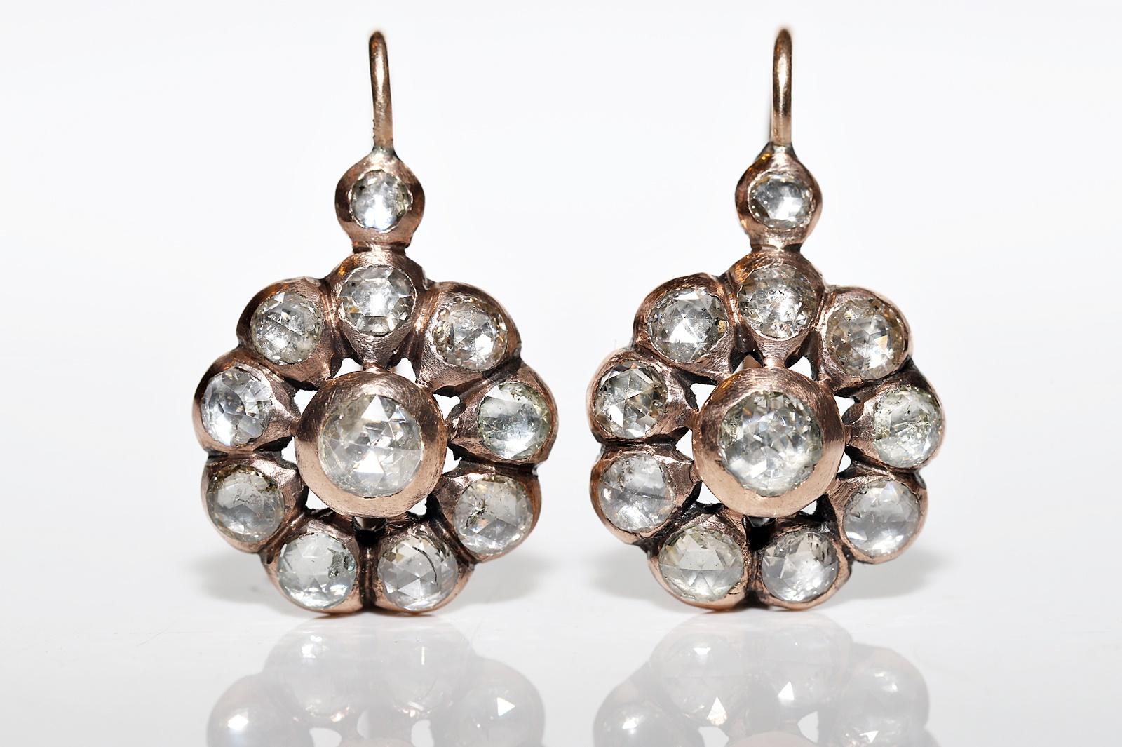 Vintage Circa 1960s 8k Gold Natural Rose Cut Diamond Decorated Earring In Good Condition For Sale In Fatih/İstanbul, 34
