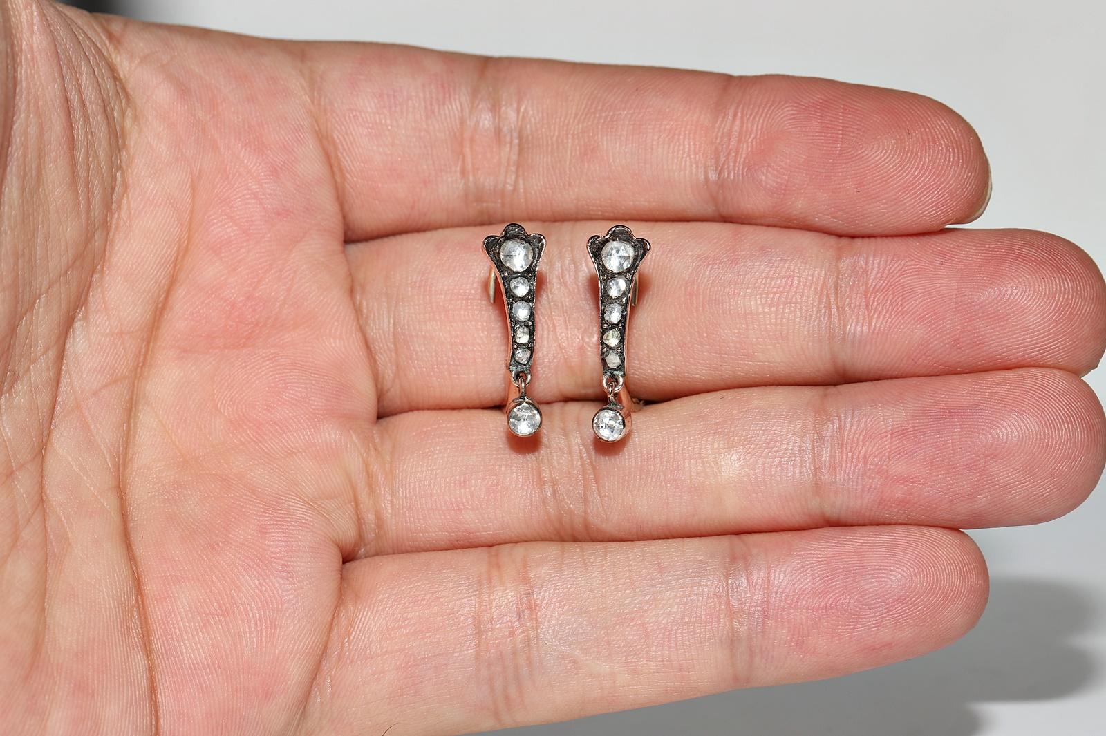 Vintage Circa 1960s 8k Gold Natural Rose Cut Diamond Drop Earring For Sale 7