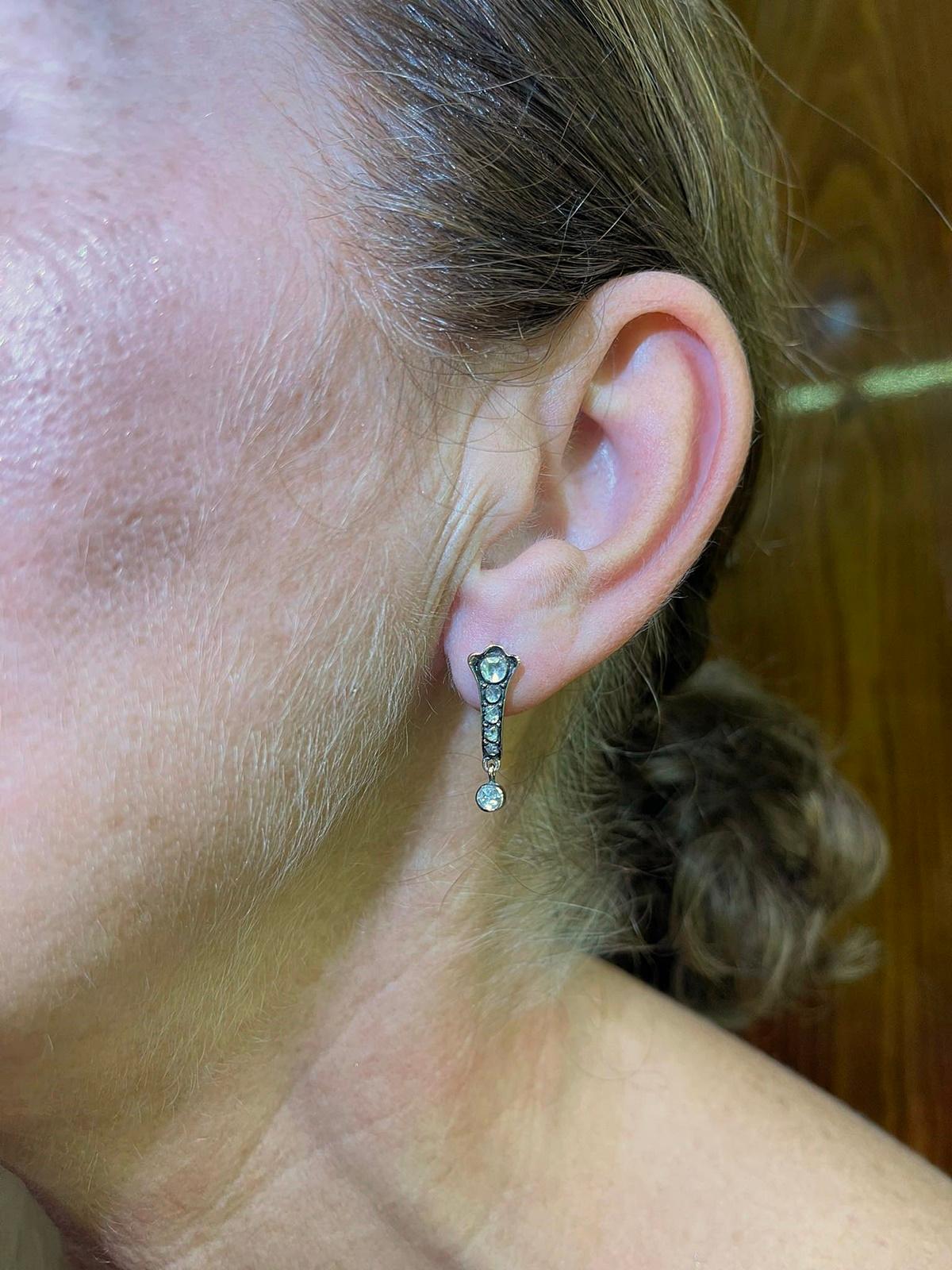 Vintage Circa 1960s 8k Gold Natural Rose Cut Diamond Drop Earring For Sale 9