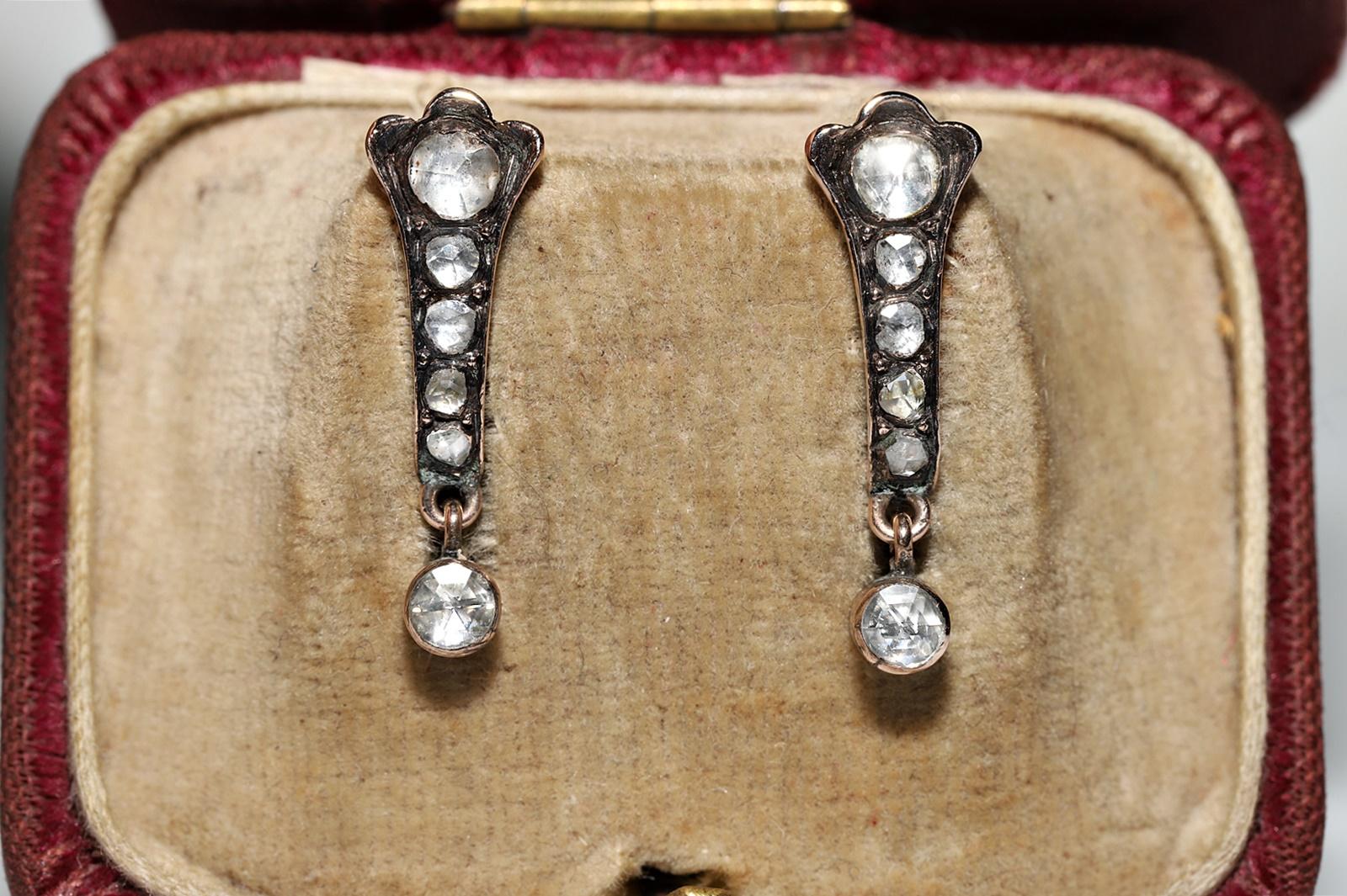 Retro Vintage Circa 1960s 8k Gold Natural Rose Cut Diamond Drop Earring For Sale