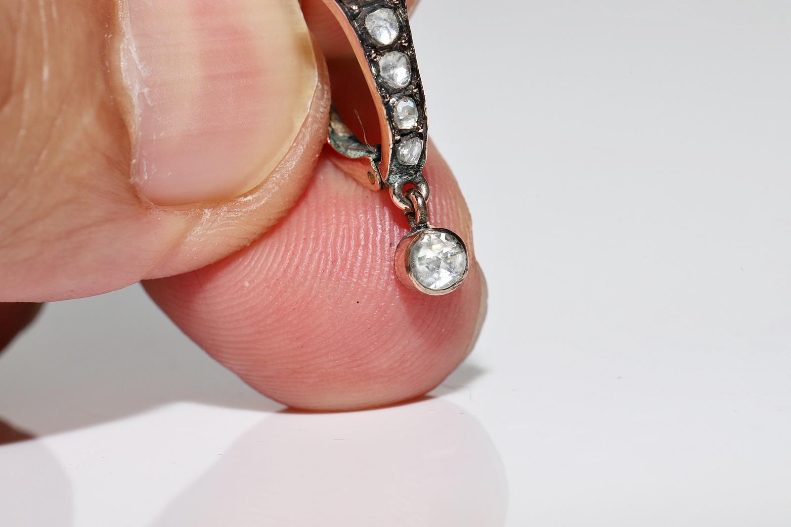 Vintage Circa 1960s 8k Gold Natural Rose Cut Diamond Drop Earring For Sale 1