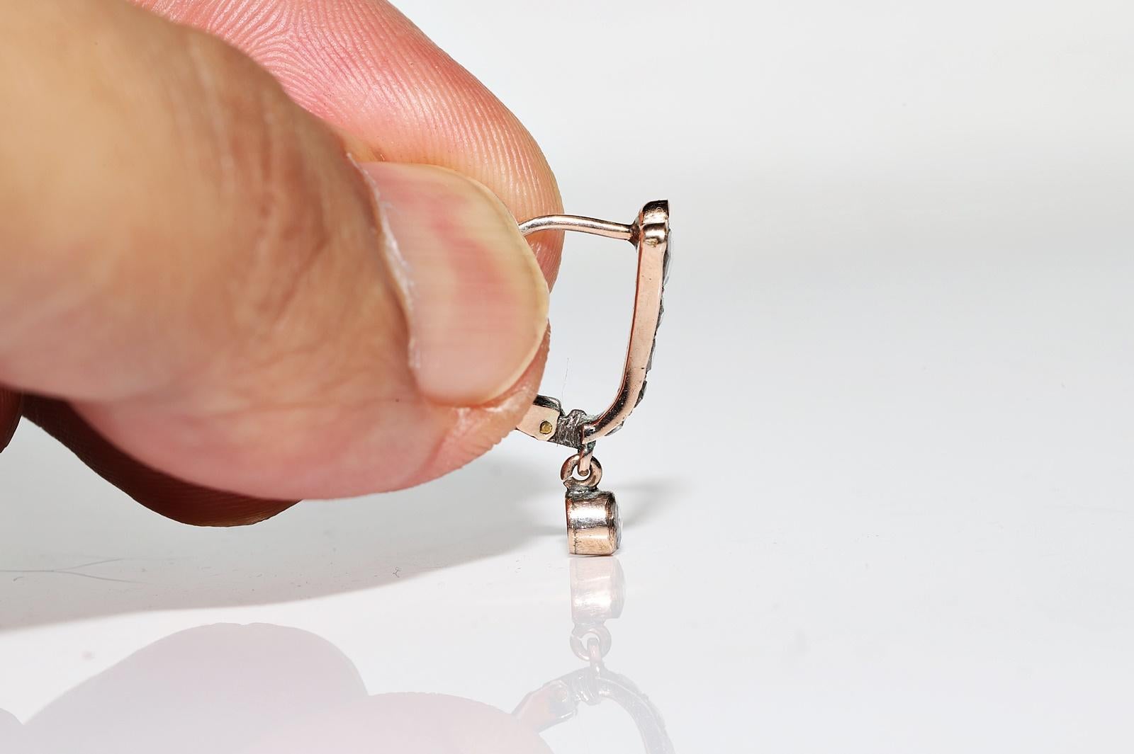 Vintage Circa 1960s 8k Gold Natural Rose Cut Diamond Drop Earring For Sale 2