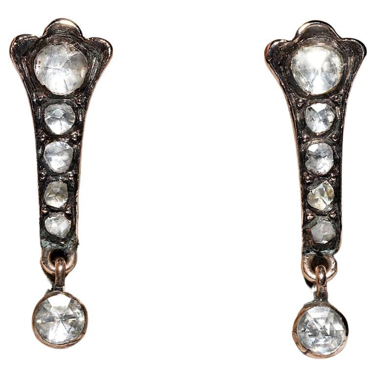 Vintage Circa 1960s 8k Gold Natural Rose Cut Diamond Drop Earring  For Sale