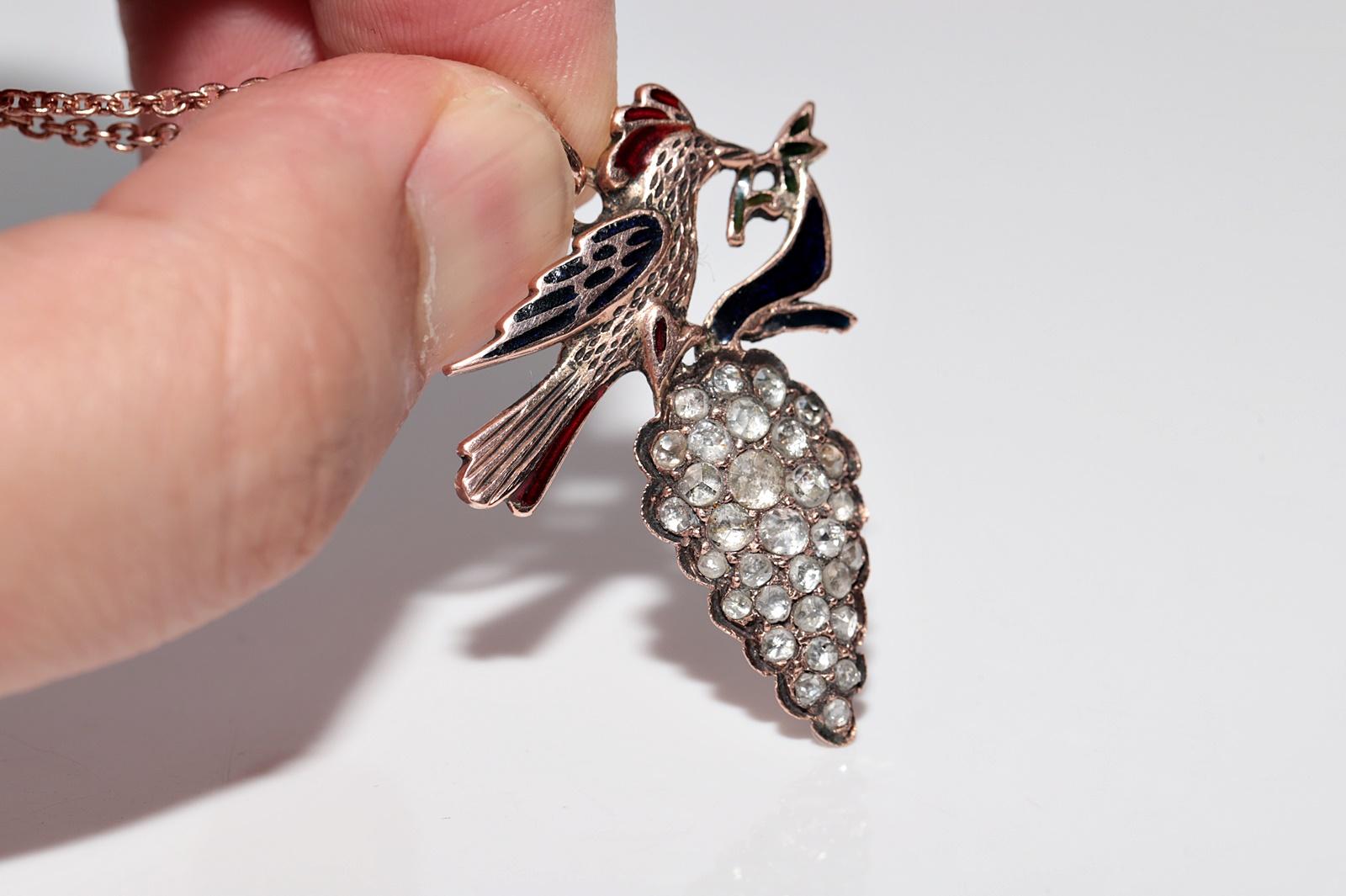 Halskette mit Emaille-Anhänger, Vintage, ca. 1960er Jahre, 8 Karat Gold, natürlicher Diamant im Rosenschliff im Angebot 5