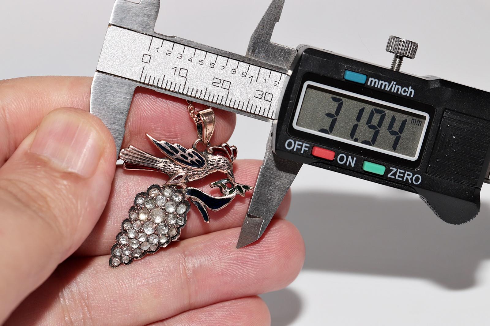 Halskette mit Emaille-Anhänger, Vintage, ca. 1960er Jahre, 8 Karat Gold, natürlicher Diamant im Rosenschliff im Angebot 7