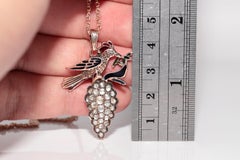 Vintage Circa 1960s 8k Gold Natural Rose Cut Diamond Enamel Pendant Necklace