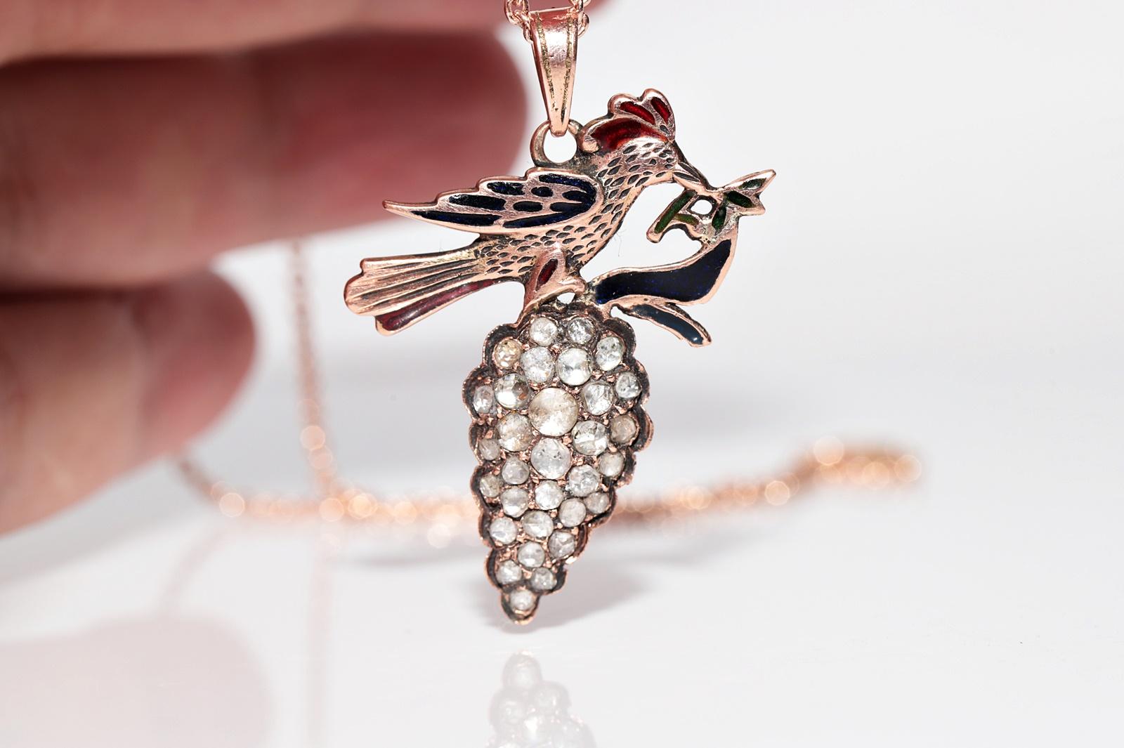 Halskette mit Emaille-Anhänger, Vintage, ca. 1960er Jahre, 8 Karat Gold, natürlicher Diamant im Rosenschliff im Angebot 2