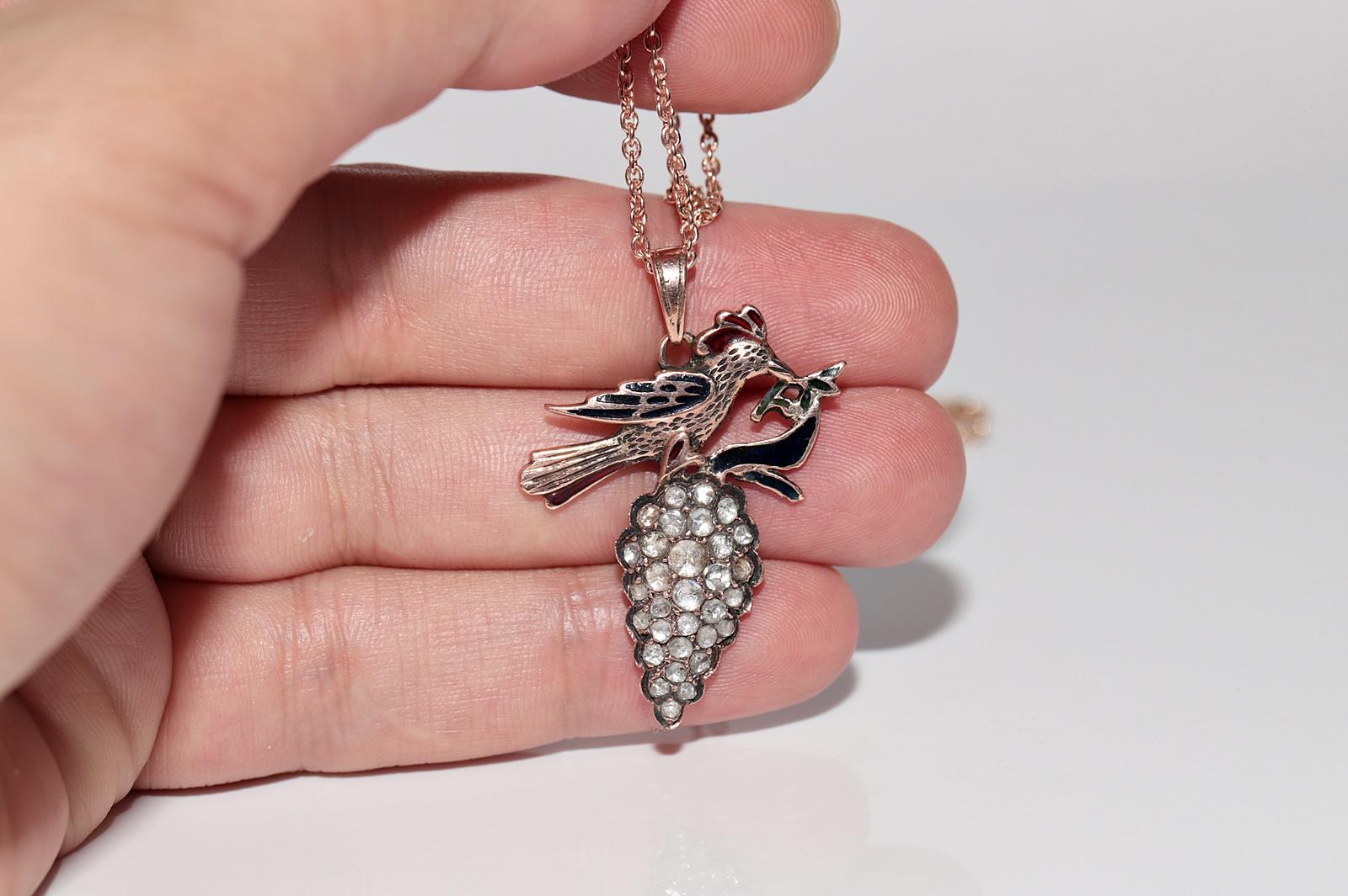 Halskette mit Emaille-Anhänger, Vintage, ca. 1960er Jahre, 8 Karat Gold, natürlicher Diamant im Rosenschliff im Angebot 3