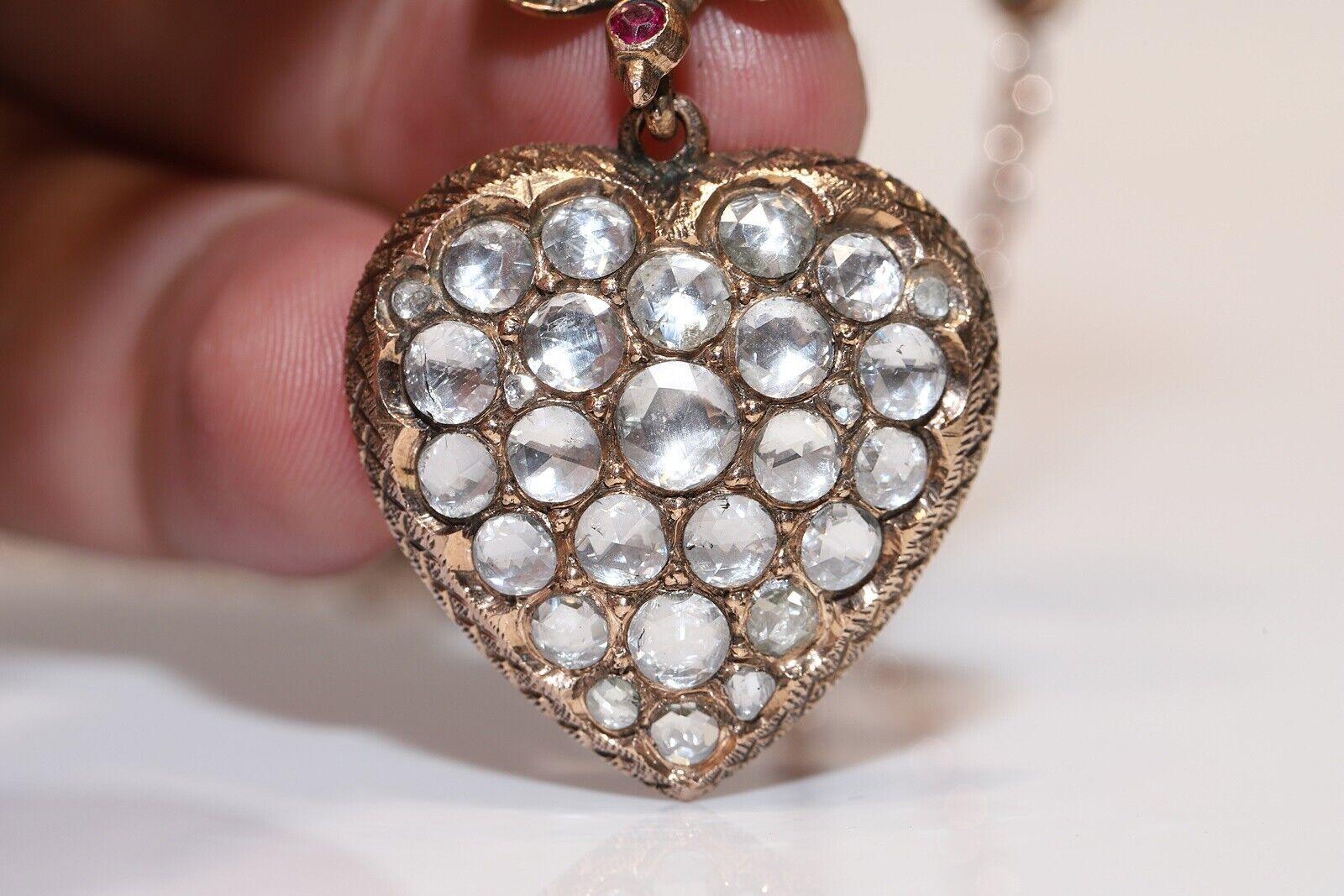 Vintage Circa 1960s 8k Gold Natural Rose Cut Diamond Heart Pendant Necklace  For Sale 5