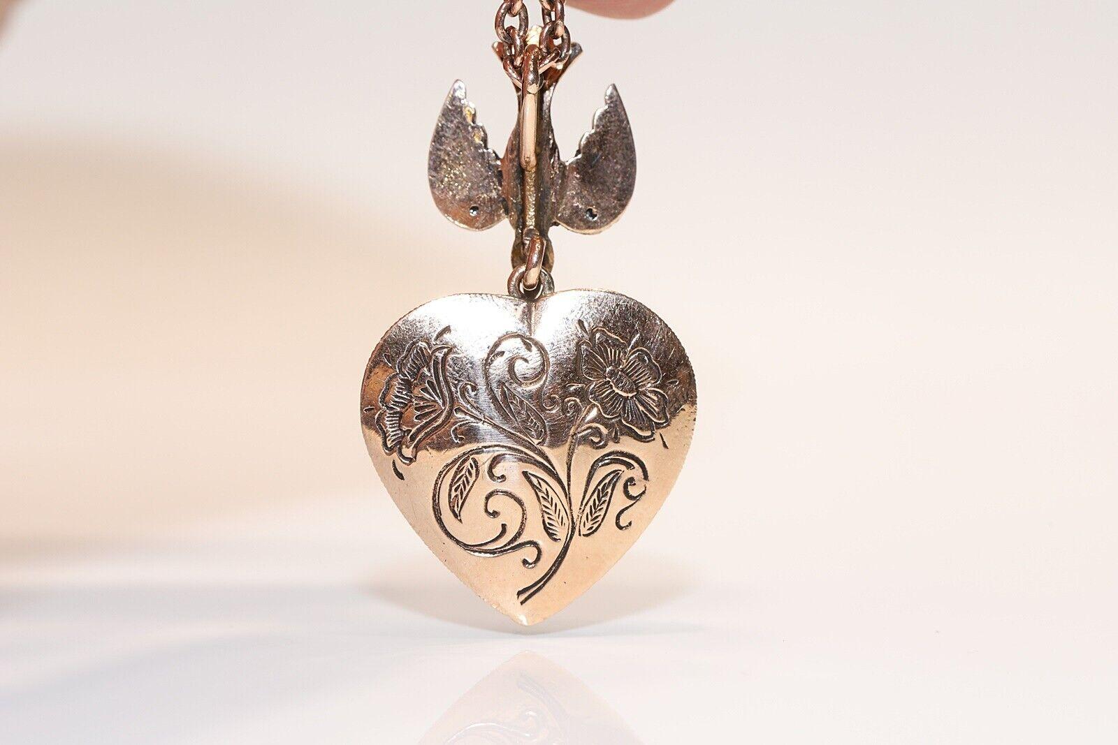 Vintage Circa 1960s 8k Gold Natural Rose Cut Diamond Heart Pendant Necklace  For Sale 7