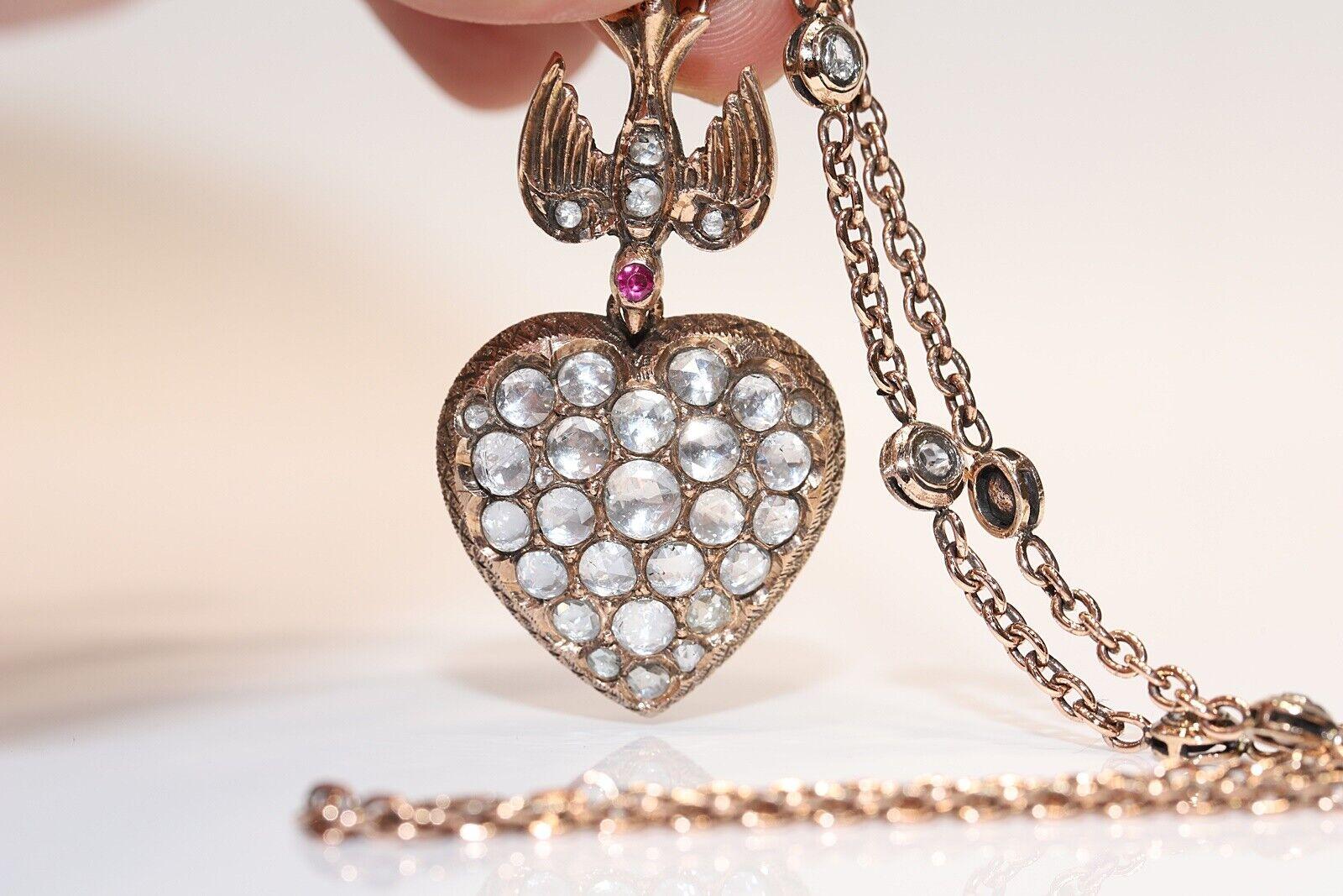 Vintage Circa 1960s 8k Gold Natural Rose Cut Diamond Heart Pendant Necklace For Sale 8
