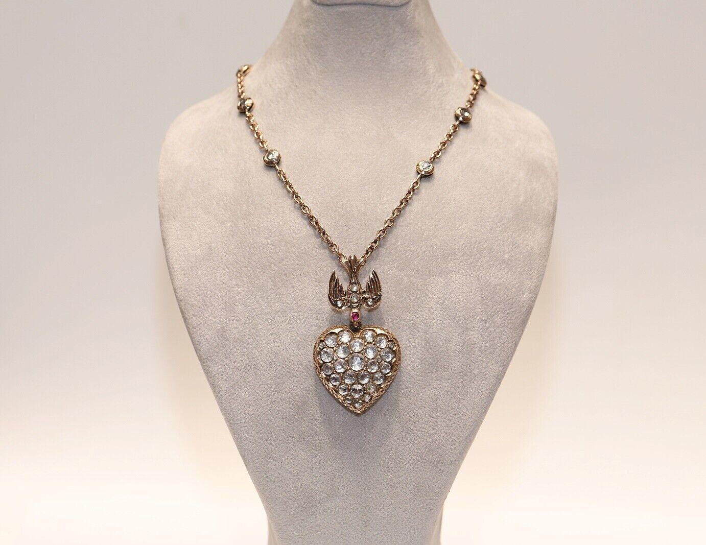 Retro Vintage Circa 1960s 8k Gold Natural Rose Cut Diamond Heart Pendant Necklace  For Sale