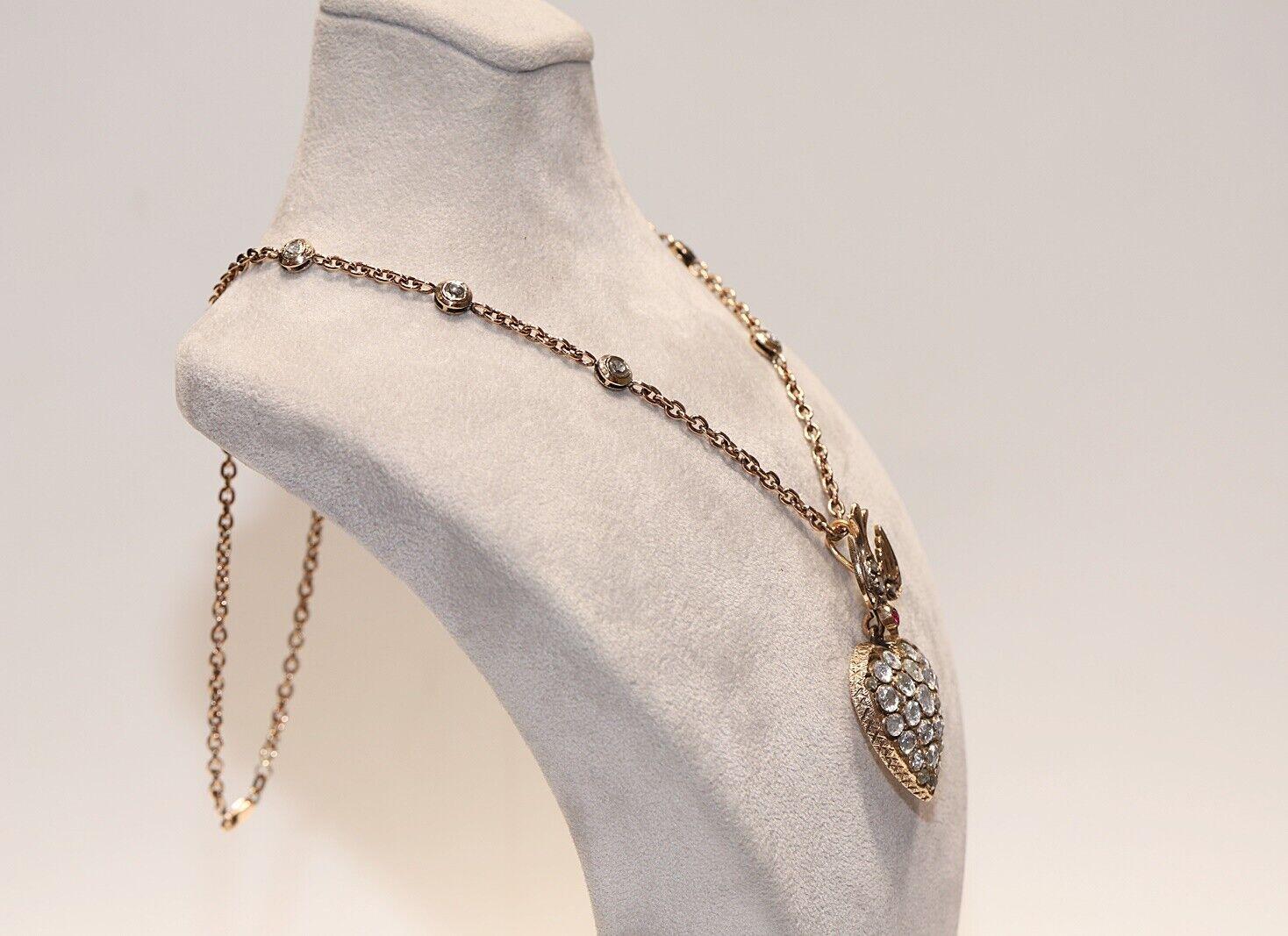 Vintage Circa 1960s 8k Gold Natural Rose Cut Diamond Heart Pendant Necklace In Good Condition For Sale In Fatih/İstanbul, 34