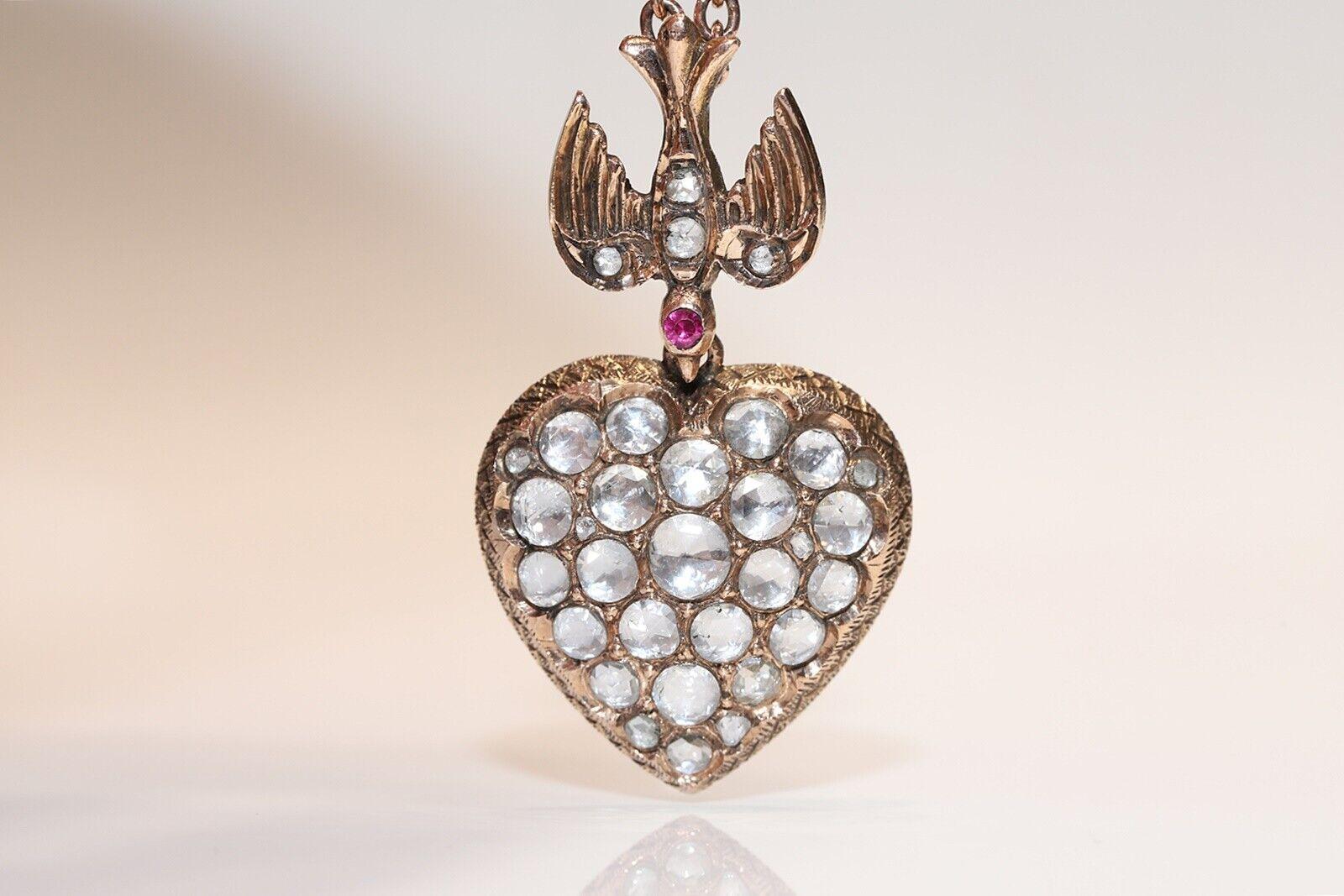 Women's Vintage Circa 1960s 8k Gold Natural Rose Cut Diamond Heart Pendant Necklace For Sale