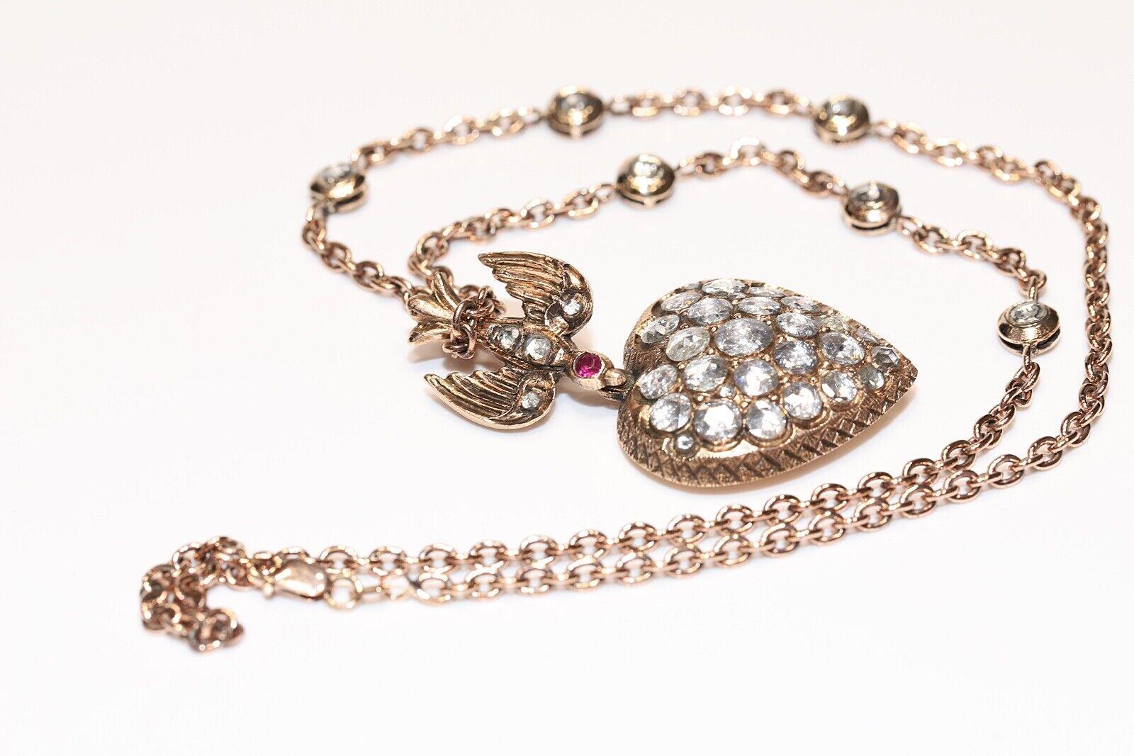Vintage Circa 1960s 8k Gold Natural Rose Cut Diamond Heart Pendant Necklace For Sale 2