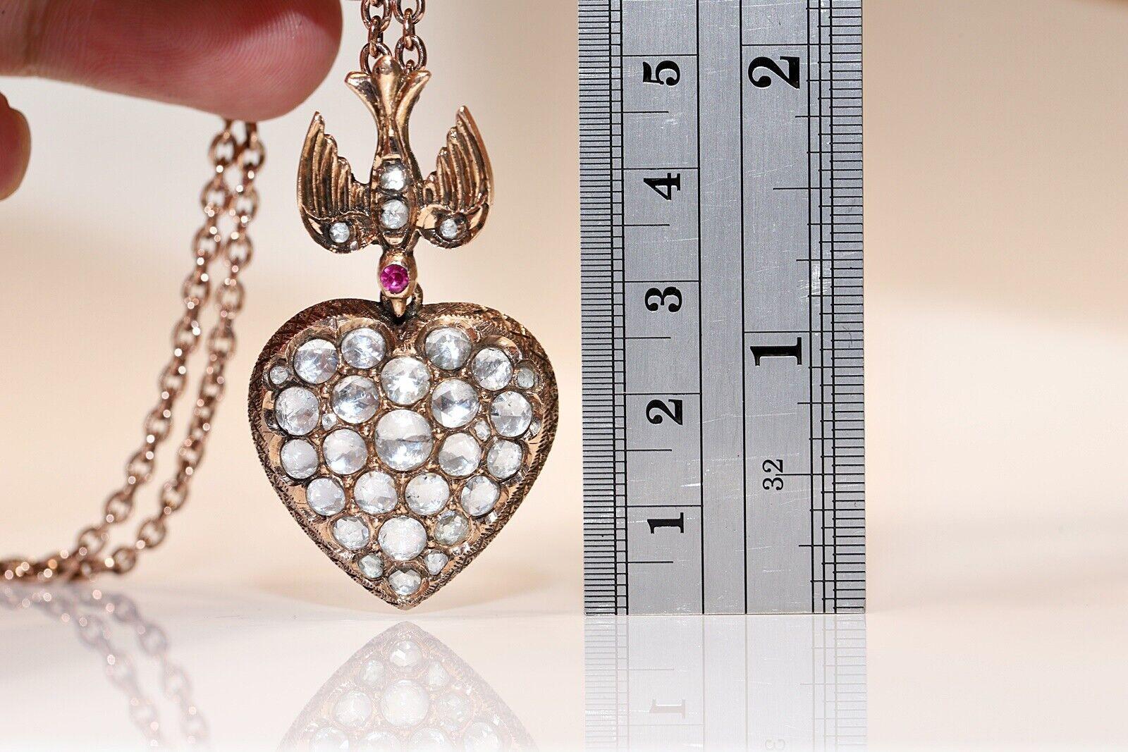 Vintage Circa 1960s 8k Gold Natural Rose Cut Diamond Heart Pendant Necklace  For Sale 3