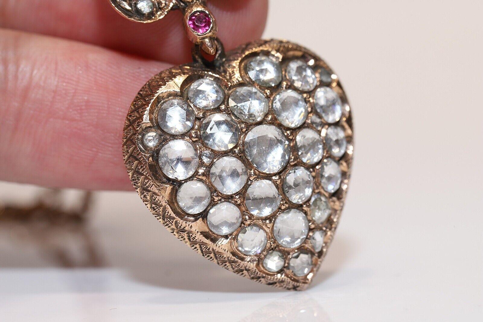 Vintage Circa 1960s 8k Gold Natural Rose Cut Diamond Heart Pendant Necklace For Sale 4