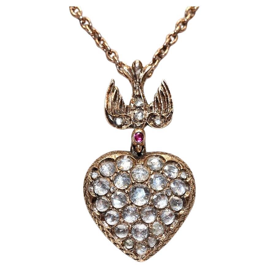 Vintage Circa 1960s 8k Gold Natural Rose Cut Diamond Heart Pendant Necklace  For Sale