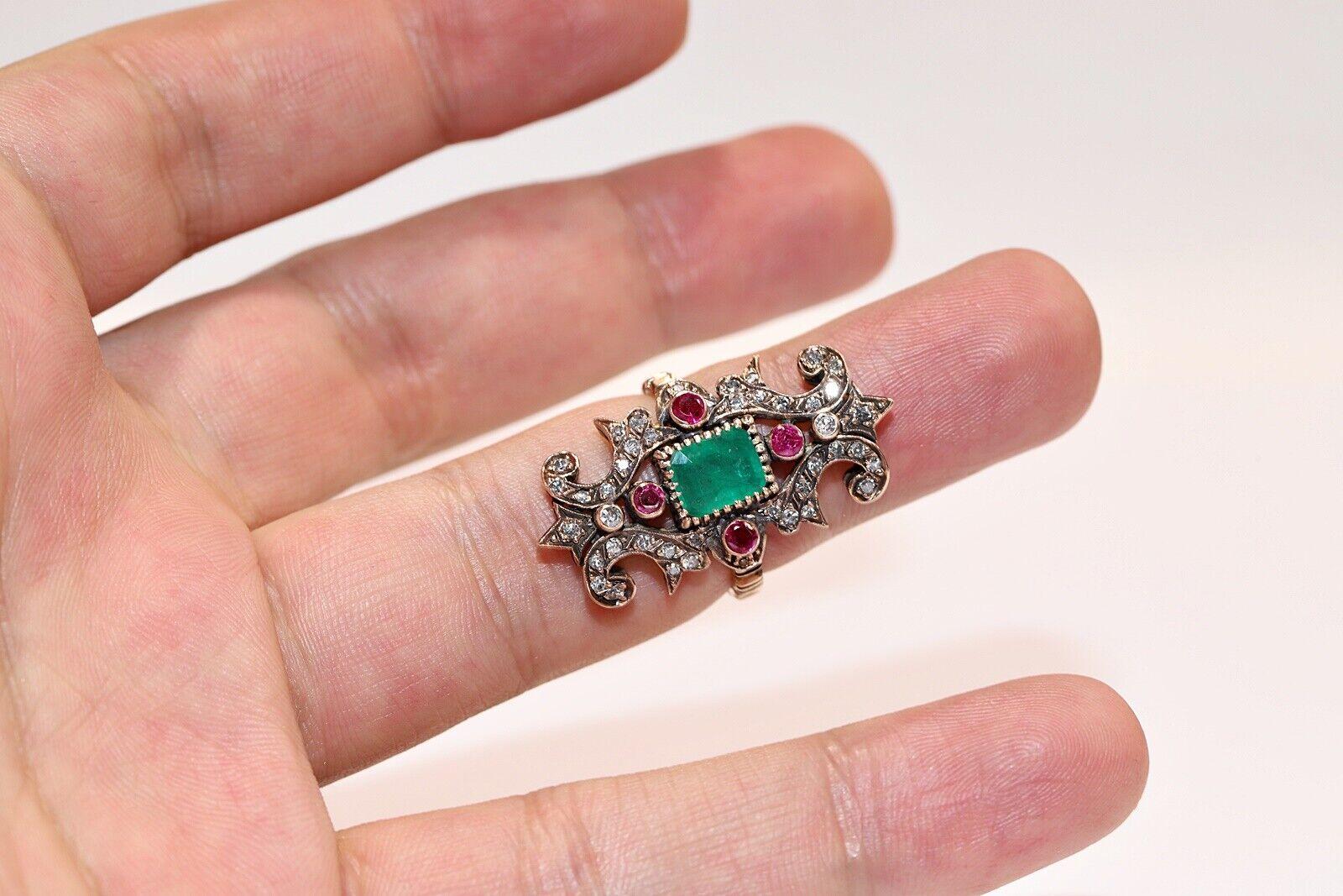 Vintage Circa 1960s 9k Gold Natural Diamond And Emerald Ruby Navette Rin 3