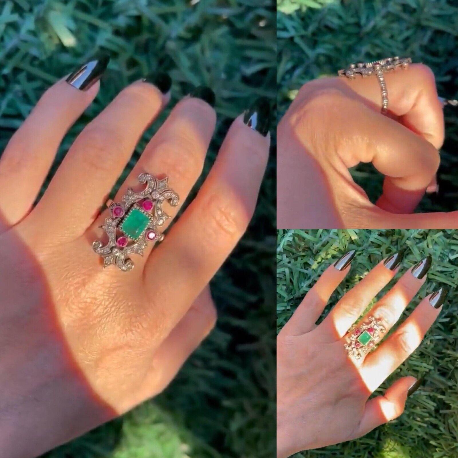 Vintage Circa 1960s 9k Gold Natural Diamond And Emerald Ruby Navette Rin 4