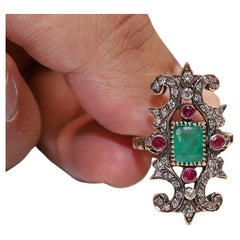 Vintage Circa 1960s 9k Gold Natural Diamond And Emerald Ruby Navette Rin