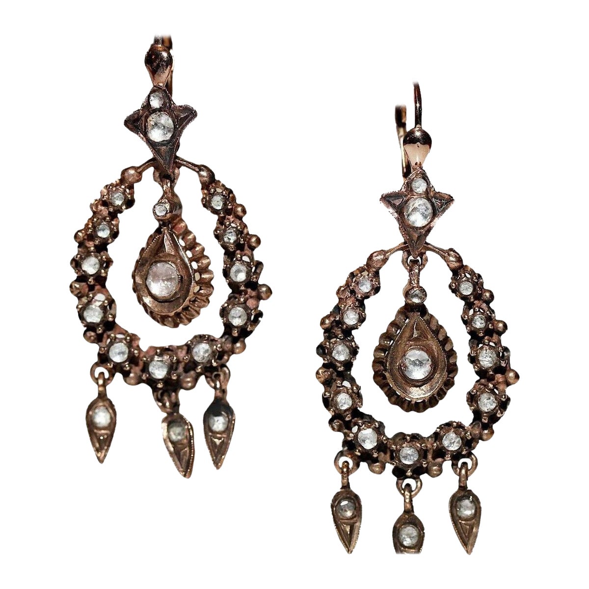 Vintage Circa 1960s 9k Gold Natural Rose Cut Diamond Decorated Earring