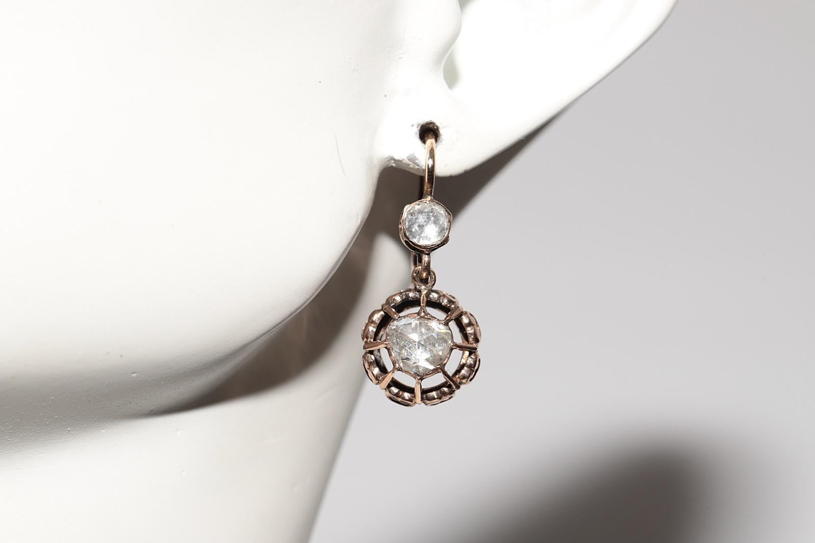 Vintage Circa 1960s 9k Gold Natural Rose Cut Diamond Solitaire Drop Earring For Sale 9