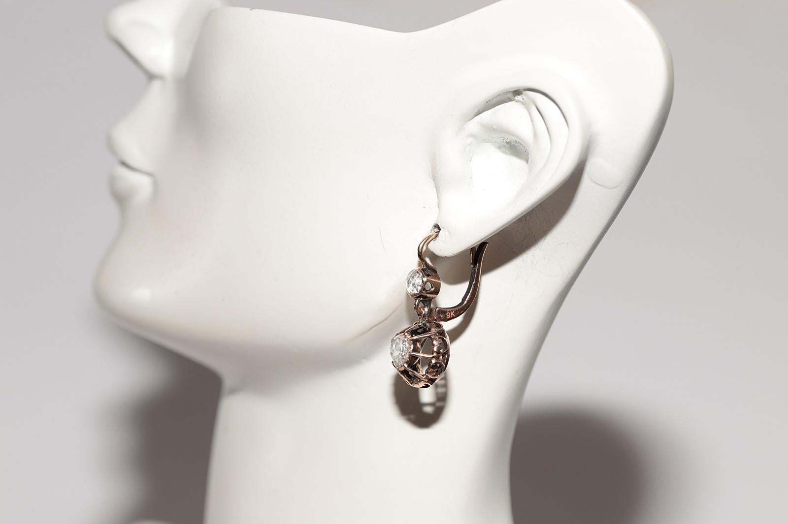 Vintage Circa 1960s 9k Gold Natural Rose Cut Diamond Solitaire Drop Earring For Sale 10