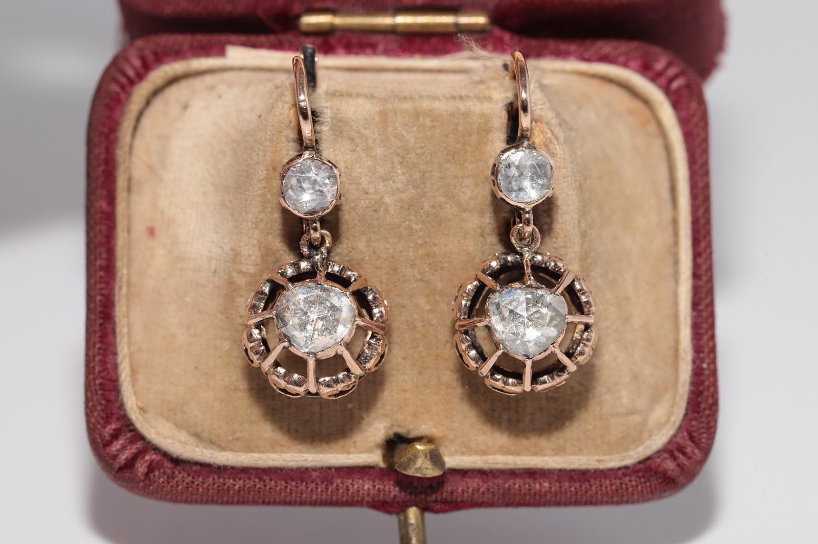 Retro Vintage Circa 1960s 9k Gold Natural Rose Cut Diamond Solitaire Drop Earring For Sale