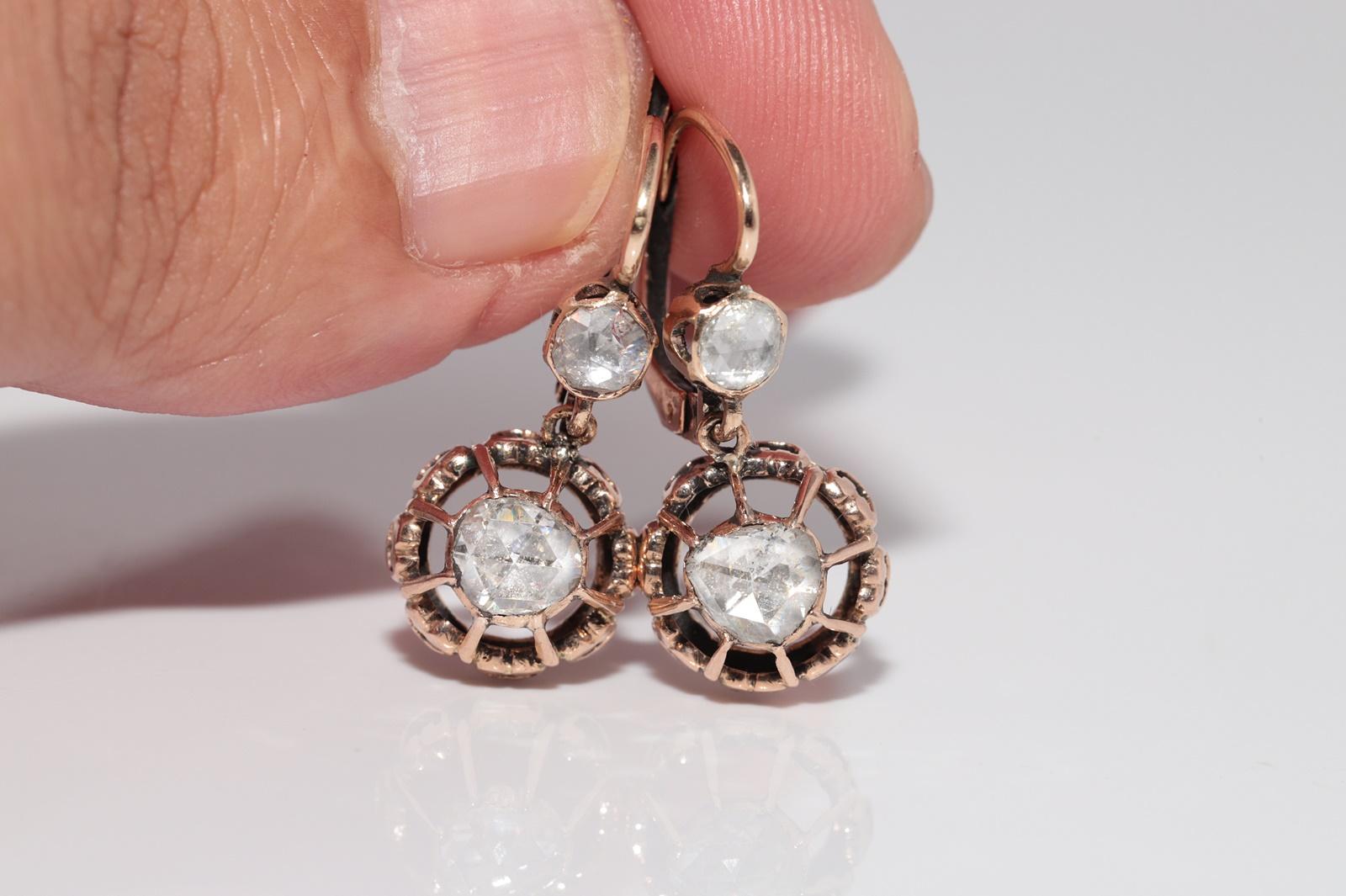 Vintage Circa 1960s 9k Gold Natural Rose Cut Diamond Solitaire Drop Earring In Good Condition For Sale In Fatih/İstanbul, 34