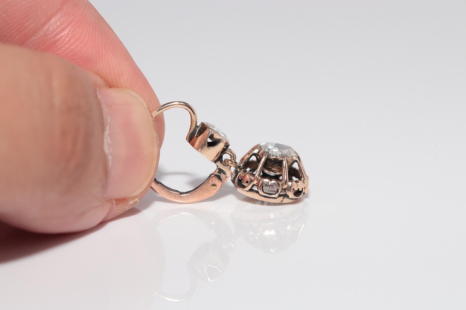 Vintage Circa 1960s 9k Gold Natural Rose Cut Diamond Solitaire Drop Earring For Sale 1