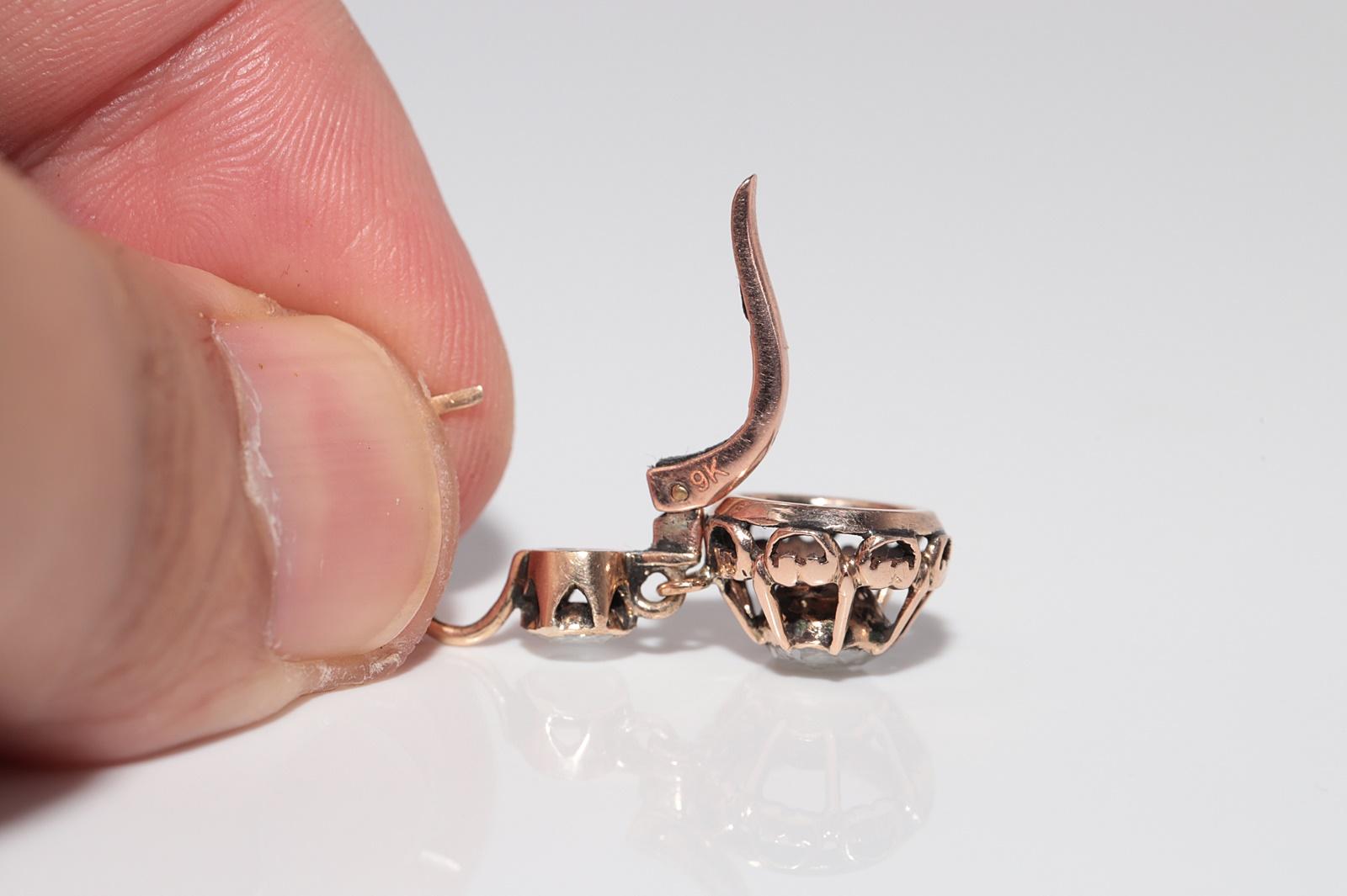 Vintage Circa 1960s 9k Gold Natural Rose Cut Diamond Solitaire Drop Earring For Sale 4